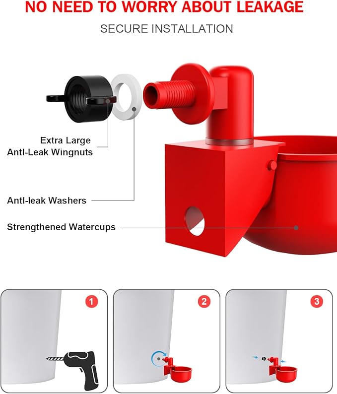 Professional Chicken Waterer Cups, 30 Packs Large Automatic Poultry Water Feeder with Tee Fittings - Leakproof Design for Ducks, Chickens, Geese, Turkeys, Birds - Includes Mounting Hole Opener Tool