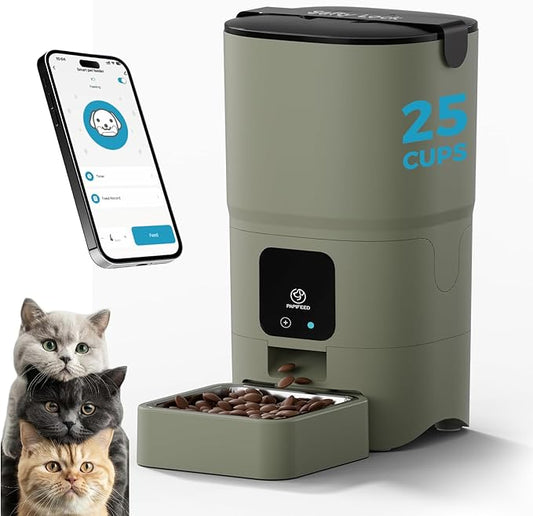 PAPIFEED Automatic Cat Feeder Upgrade, Smart Cat Feeder 6L - APP/Alexa Control, Dual Power Supply, Anti-chewing Cord, Stainless Steel Bowl, Anti-chewing Design for Cats and Small/Medium Dogs (Greener)