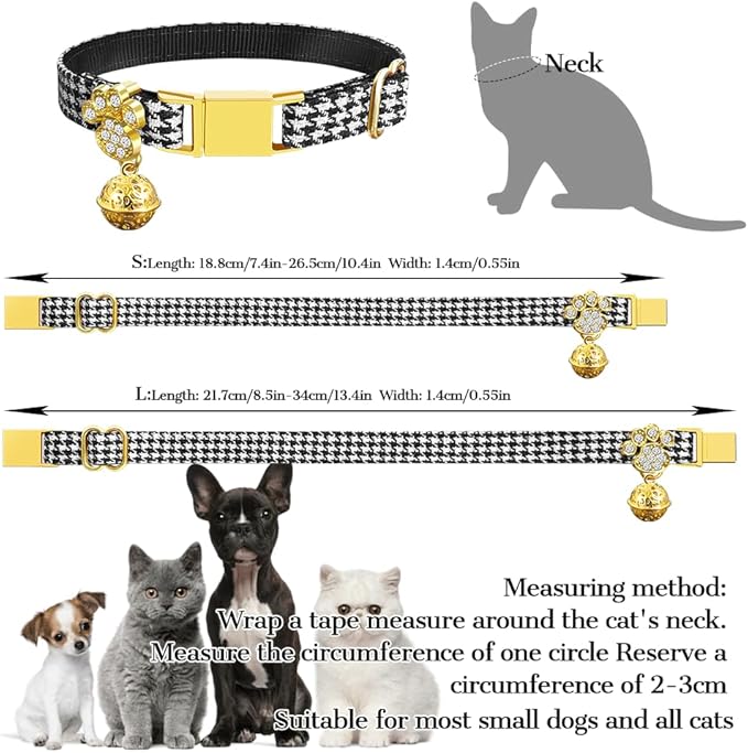 Personalized Breakaway Cat Collars - Magnetic Buckle, Bell - Safety Quick Release, Customized for Girls & Boys Cats- (Houndstooth-Black)