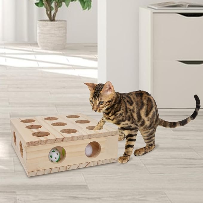 Hypeety Interactive Cat Toy Puzzle Box Wooden Treat Maze Scratcher Peek Play Toy Box Fun Interactive Cat Toy Fun Hide and Seek Agility Toys