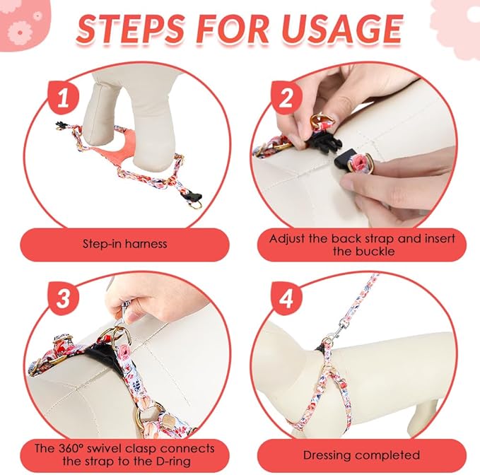 SlowTon No Pull Dog Harness with Leash - Soft Lightweight Floral Pattern Puppy Harness, Adjustable Pet Harness for Small Medium Dogs Pupppy (Flower M)