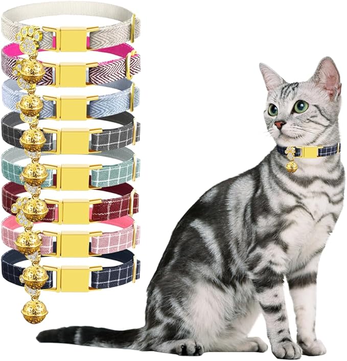 Personalized Breakaway Cat Collars - Magnetic Buckle, Bell - Safety Quick Release, Customized for Girls & Boys Cats- (Checkered-Navy)