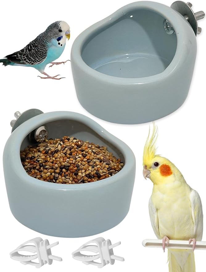 2 Pcs Pet Bird Bowls Ceramic Birds Cage Feeder Hanging Parrot Food Bowl Bird Cage Food Bowls for Budgie Finches Lovebirds Parakeet Cockatiels (Blue)