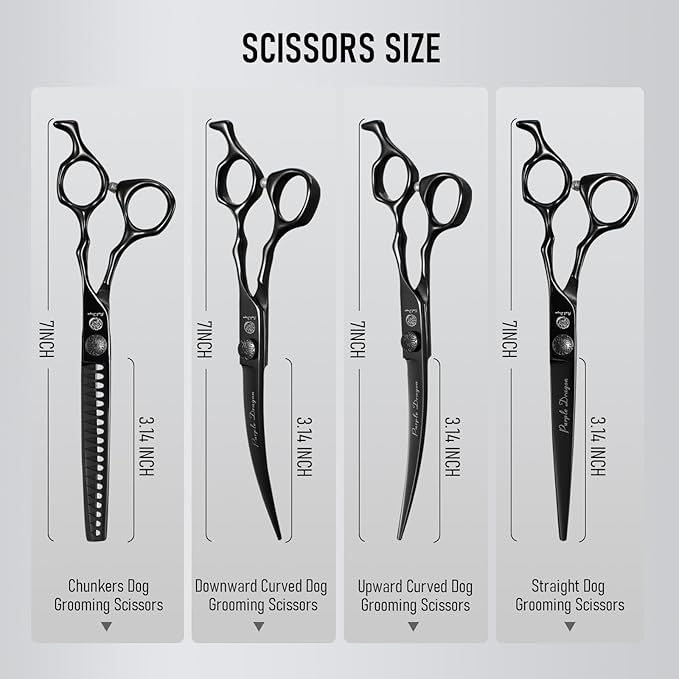 Purple Dragon Dog Grooming Scissors Set - Chunkers, Straight, Up & Down Curved Scissors and Comb, 7 Inch Black Shears with Adjustable Screw for Dogs and Cats