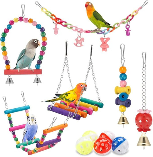 Swing Hanging Standing Chewing Toy Hammock Climbing Ladder, Cage Colorful Toys Suitable for Budgerigar, Parakeet, Conure, Cockatiel, Mynah, Love Birds, Finches