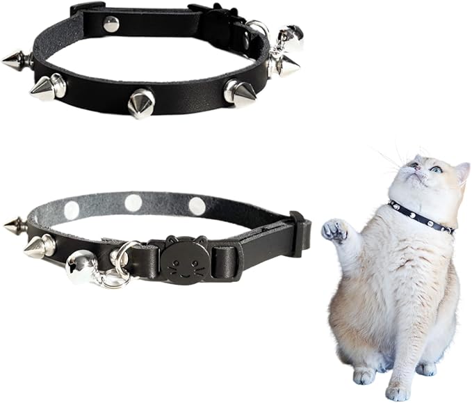 Spiked Cat Collar with Bells, Breakaway Genuine Leather Protective Collar for Kitty, Studs Spikes Punk Style Adjustable for Girl Boy Kittens Small Bunny Rabbit, 8"-9.5" Black