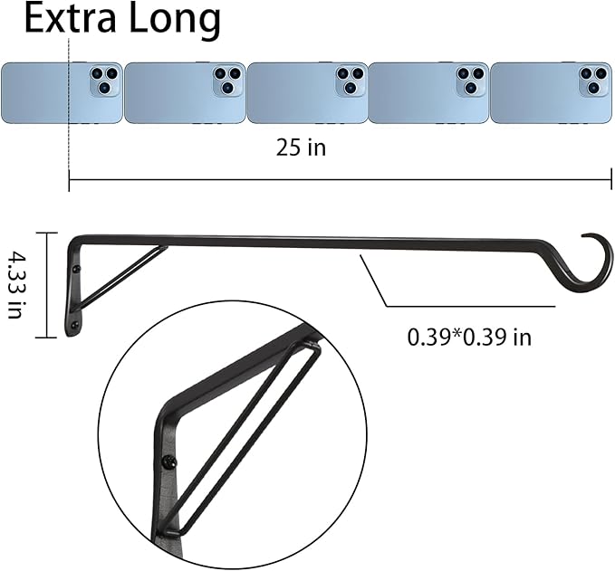 2 Pack Extra Long 25 Inch Heavy-Duty Rust-Resistant Solid Steel Plant Hangers and Bird Feeder Hangers for Indoor and Outdoor Decor, Wall Hooks