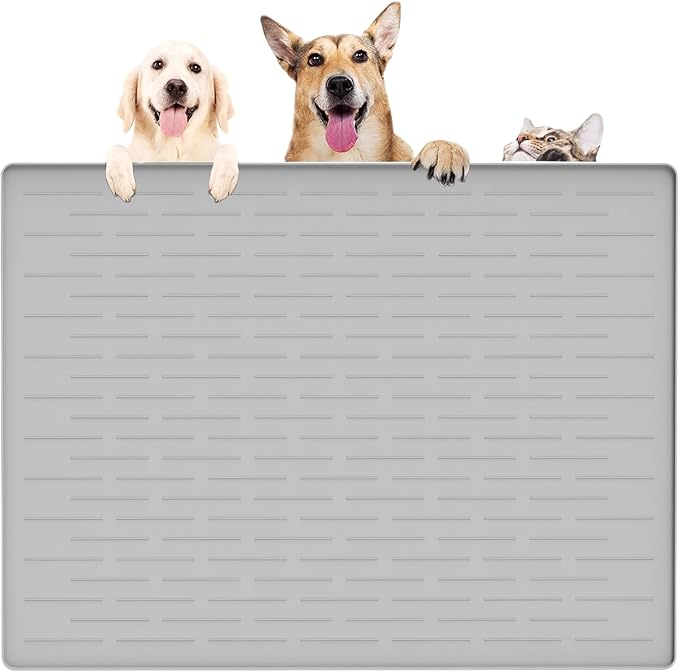 39.4"x29.5" Largest Pet Food Mat, Silicone Dog Mats for Food and Water, Nonslip Pet Feeding Mats for Floors,Dog Cat Bowl Mat with Raised Edges, Gray White
