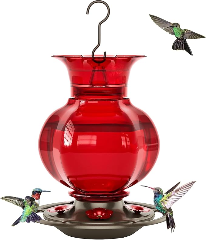 Auslar Hummingbird Feeder, Red Glass Hummingbird Feeders for Outdoors Hanging with Ant Moat, 5 Simulation Flowers Feeding Ports, 23 Ounces, Rustproof, Fade Proof, Pomegranate Shape