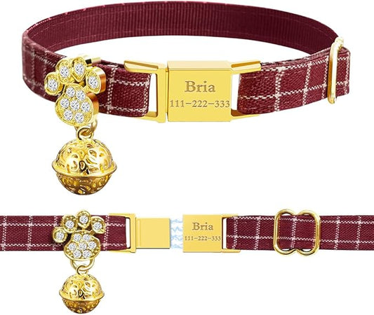 Personalized Breakaway Cat Collars - Magnetic Buckle, Bell - Safety Quick Release, Customized for Girls & Boys Cats- (Checkered-Red)