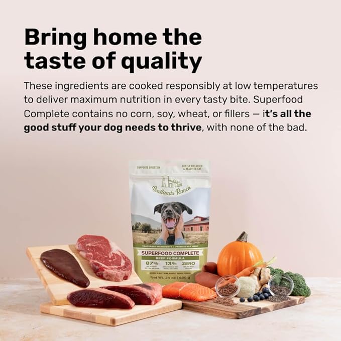 BADLANDS RANCH - Superfood Complete, Air-Dried Adult Dog Food - High Protein, Zero Fillers, Superfood Nutrition by Katherine Heigl (64 oz., Beef Formula)
