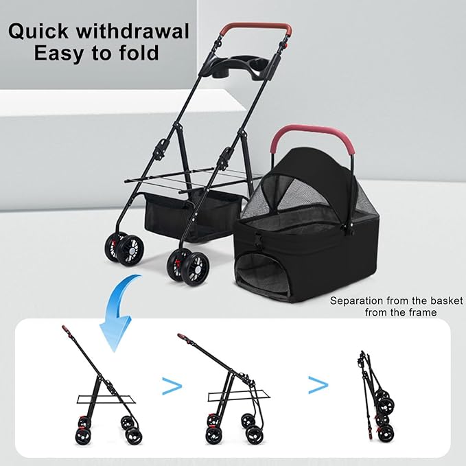 Pet Stroller Pram Dog Carrier Trailer 4 Wheels Foldable Dog with Storage Basket,Holds up to 44 lbs,Adjustable Handle,Folding Travel Stroller Suitable for Traveling with Cats and Dogs (Black)