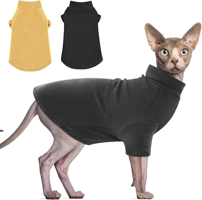 Idepet Sphynx Cats Sweater 2 Pack,Turtleneck Hairless Cat Shirt Soft and Warm Kitten Clothes with Sleeves Pullover Pet Winter Pajamas Jumpsuit for Cat Puppy (Black&Yellow, Medium)
