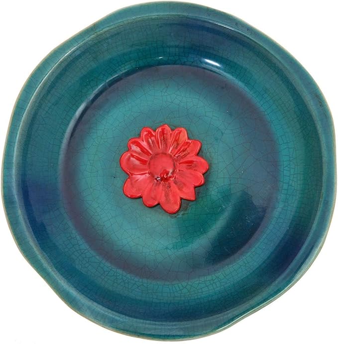 DUSVALLY Vintage Round Bird Bath Ceramic Birdbath Bowl Decor for Bird Bee Bath for Outdoor Patio Garden Backyard Yard,12.25 inch Blue with Red Flower