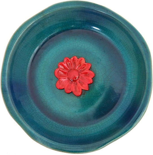 DUSVALLY Vintage Round Bird Bath Ceramic Birdbath Bowl Decor for Bird Bee Bath for Outdoor Patio Garden Backyard Yard,12.25 inch Blue with Red Flower