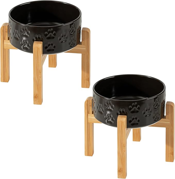 Elevated Ceramic Dog Bowls 2 Pack, 7.3“ Individual Dog Bowl Stand for Medium Dogs, 8.1" Tall Non-Slip Bamboo Stand, Dishwasher Safe (Double Bowls + Double Stands - Black, 7.3 inch)
