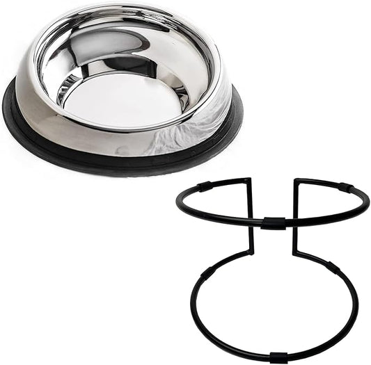 2 in 1 Pack - Large Enhanced Pet Bowl + Large Stand. Stainless Steel Slanted Dog Bowl with Raised Ridge for Flat-Faced Dog Breeds or Cats, Food-Grade Non-Slip No Spill Bowl for Dogs, Less Mess, Less