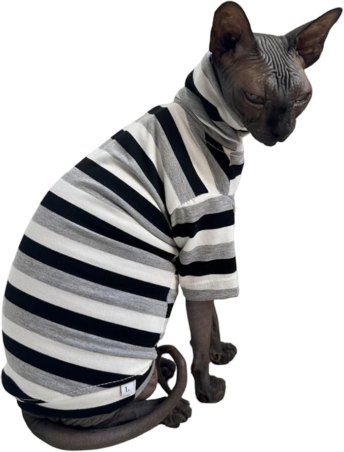 Vintage Stripes Sphynx Hairless Cats Shirt Cotton Cat Turtleneck Pet Clothes Kitten T-Shirts with Sleeves for Sphynx Cats (Black Grey White, X-Small)