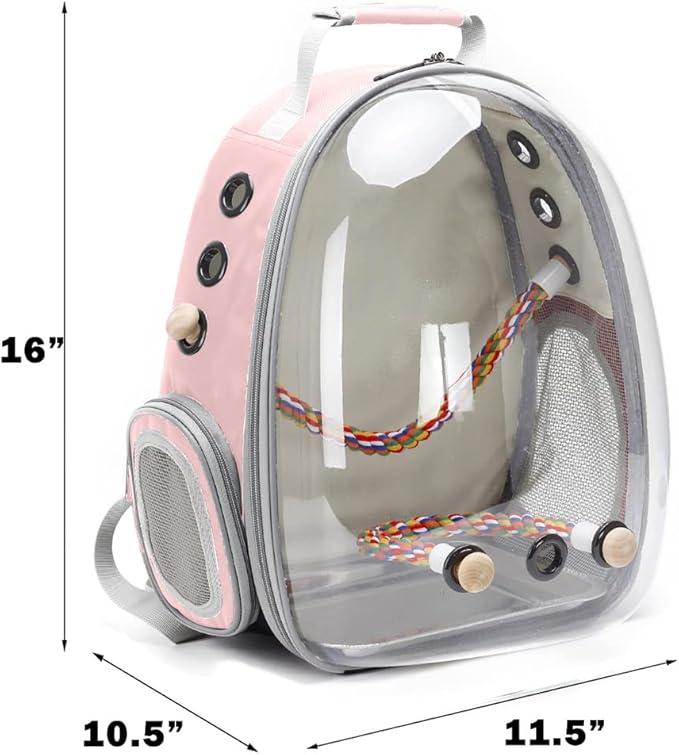 Bird Traval Carrier Cage, Clear Space Capsule Astronaut Backpack to Carry Parakeet Cockatiel Parrot with Metal Tray Wood Perch, Vet Transport Bag