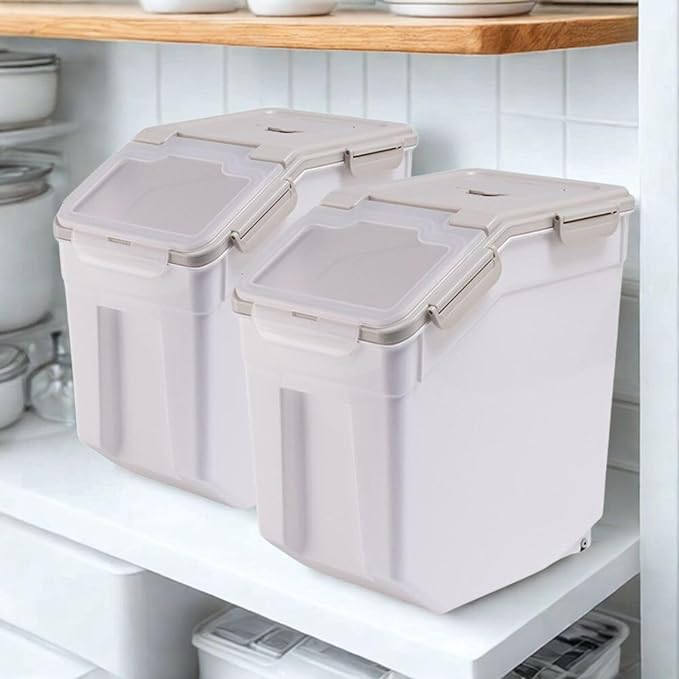 2 Pack Rice Storage Container 25 lbs, Airtight Flour Storage Containers with Lid and Wheels, Measuring Cup & Scoop, BPA Free, Bulk Food Dispenser for Sugar, Grain, Cereal - Pet Food Bin (Grey)