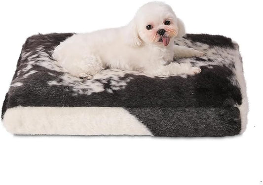 Bedfolks Waterproof Dog Crate Bed,Plush Dog Bed with Removable Washable Cover,Faux Fur Dog Crate Pad for Small Dogs and Cats,Fluffy Dog Kennel Bed 23"x18",Black-White Cowhide