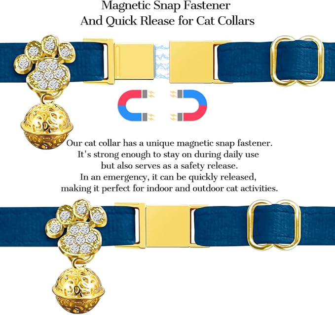 Personalized Breakaway Cat Collars - Magnetic Buckle, Bell - Safety Quick Release, Customized for Girls & Boys Cats- (Velvet-Navy)