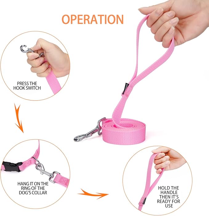 Strong Durable Nylon Dog Training Leash, 1 Inch Wide Traction Rope, 6 ft Long, for Small and Medium Dog (Pink, 6 Feet)