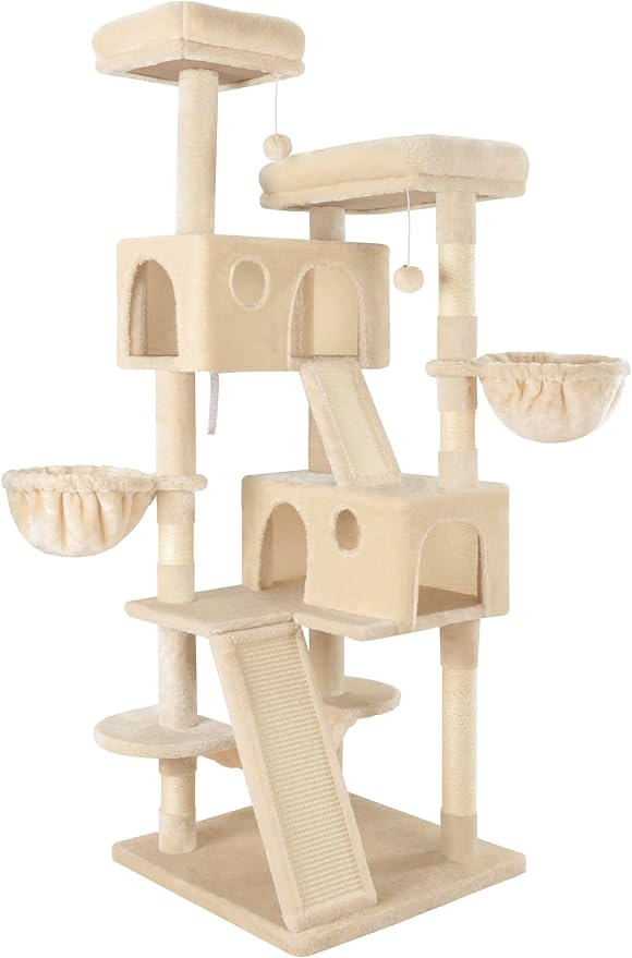 MUTICOR 66 Inches Multi-Level Large Cat Tree Tower for Indoor Big Feline/Cozy Plush Perches/Condo/Sisal Scratching Posts/Hammock and Baskets/Activity Center Play House/Wide Base/Beige