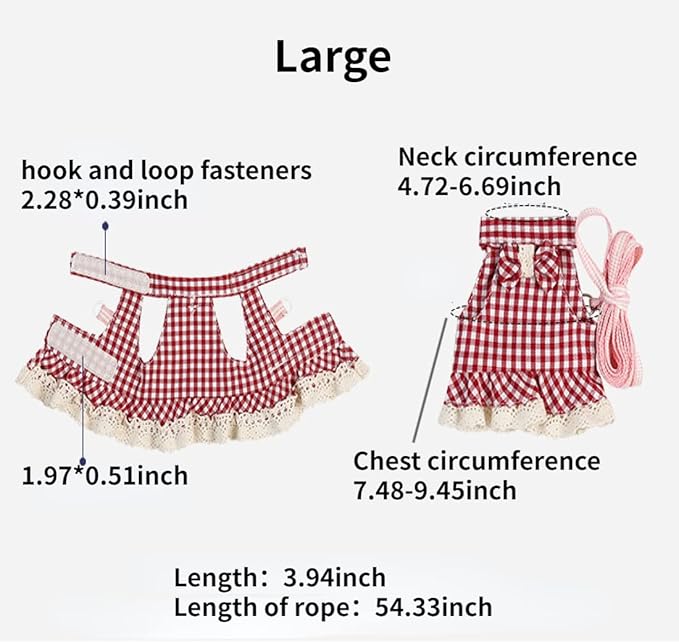 Guinea Pig Harness and Leash Plaid Hamster Harness, Adjustable Ferret Harness and Leash Set No Pulling Walking Vest for Ferret Chinchilla and Similar Small Animals (Large,Pink)