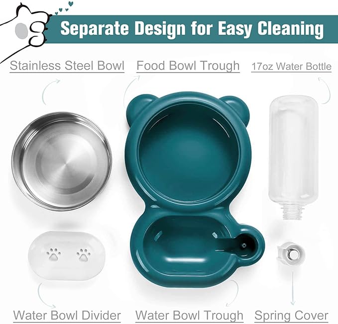 Dog Bowls, Cat Food and Water Bowl Set with Water Dispenser and Stainless Steel Bowl for Cats and Small Dogs - Dark Green