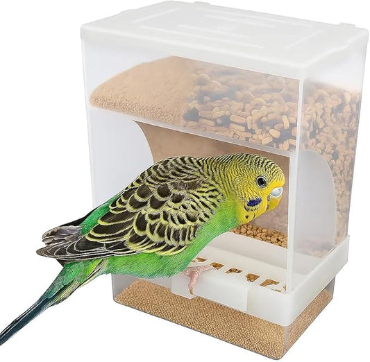 Old Tjikko No Mess Bird Feeder for Cage, Automatic Acrylic Seed Container with Large Hook, Install-Free Parrot Feeder for Budgerigar, Canary, Cockatiel, Parakeet, Finch