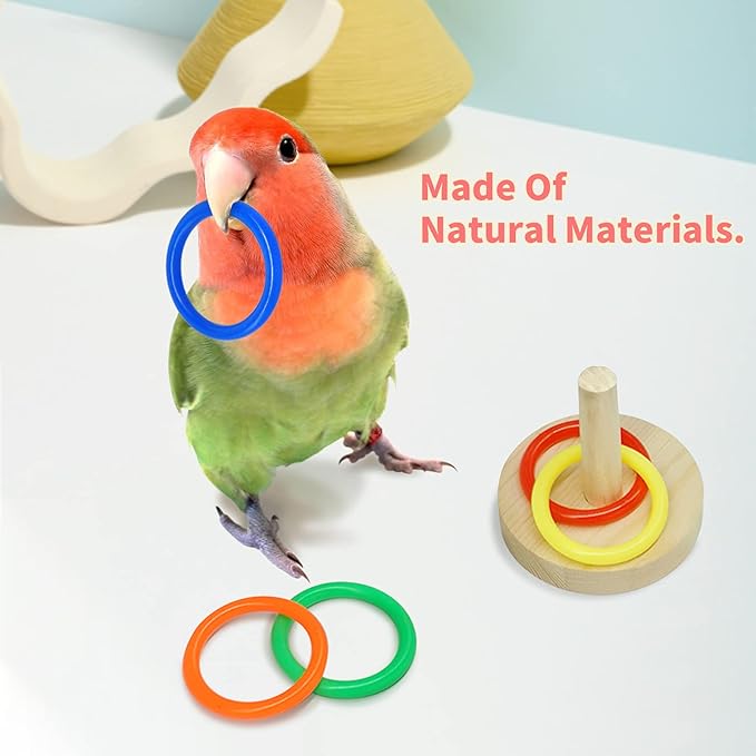 Bird Toys for Parakeets,5pcs Parrot Toys Set (Include Basketball Hop,Skateboard,Stacking,Parrot Wooden Block Puzzles,Small Sepak Takraw) Parakeet Toys for Bird Training Toys