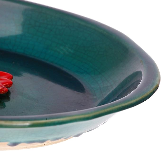 DUSVALLY Birdbath Ceramic Bowl Decor for Bee Bird for Outside, Bird Bath Bowl Vintage Decoration for Garden and Patio, Blue with Red Flower