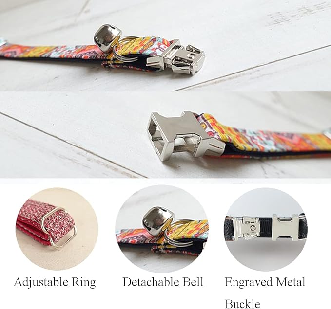 Personalized Cat Collar with Name Plate,Adjustable Tough Nylon Cat ID Collars with Bell,Customize Engraved Pet Name and Phone Number (Ethnic Style)