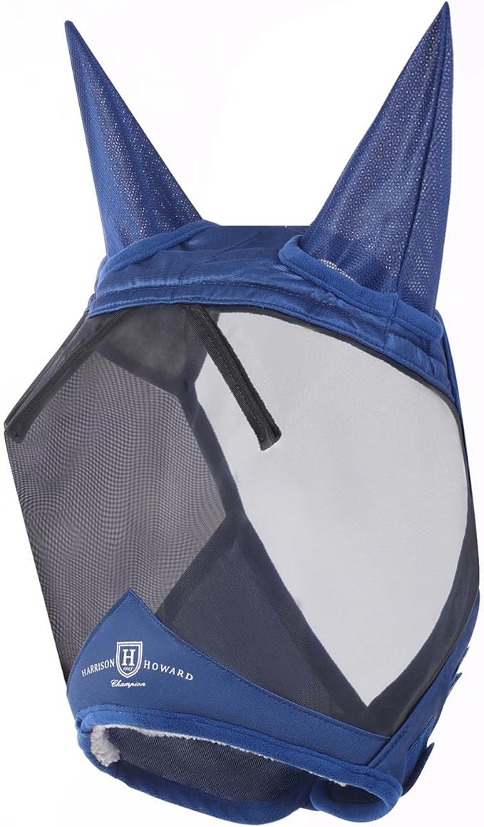 Harrison Howard CareMaster Pro Luminous Horse Fly Mask Large Eye Space Standard with Ears UV Protection for Horse Navy M Cob