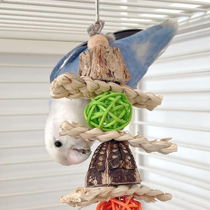 Parrots Chewing Toy Wood Block Nut Rattan Ball Corn Husk with Hanging Hook Entertainment Toy Wood Bird Toy for Parrots Chewing Block Cage Toy Accessories for Cockatiel Parakeets Random Color (2 Pcs)