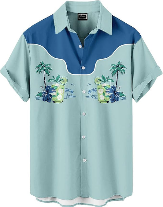 Men’s Hawaiian Shirt Western Cowboy Symmetrical Print Short Sleeve Button Down Casual Beach Holiday Summer Shirt