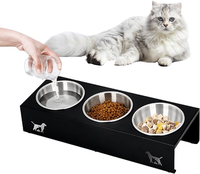 Upgraded Elevated Cat Food Bowl, 15° Tilt Stand Anti-Vomit Elevated Cat Food Bowl,3 Stainless Steel for Feeding and Drinking Pet Feeding Bowls, Pet Feeder for Cats and Puppies.