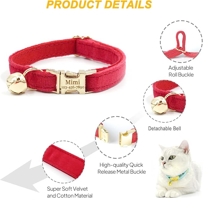 Pink Personalized Cat Collar with Name Tag & Bells Optional Bow-tie Cute Cat Collars for Girls Cats, Soft Durable Custom Kitten Collars for Small Large Cats(Pink)