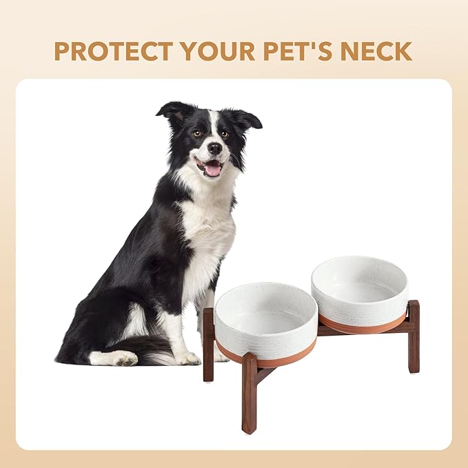 Ceramic 7.3inch Raised Double Dog Bowls Set with Acacia Wood Stand, Food & Water Bowls for Medium Breed Dogs, Weighted Pet Dishes(41oz, Vanilla White)