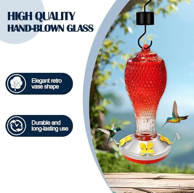 Hummingbird Feeder for Outdoors,17 OZ Glass Humming Bird Feeder for Garden Decor,Four Flowers Feeding Ports,Leak Proof,Ant Moat Included,Humming Gifts for Women