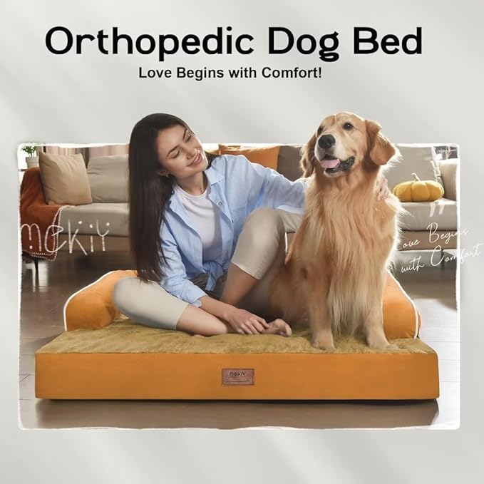 Large Dog Bed Orthopedic Washable, Orthopedic Dog Beds for Large Dogs, Washable Cover Removable Bolster and Non-Slip Bottom Pet Beds, XL XLarge Extra Large Dogs - Orange