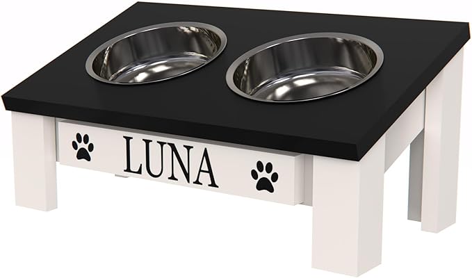 GrooveThis Woodshop Luxury Pet Feeder - Elevated Stand with Stainless Steel Bowls for Small Dogs & Cats, Anti-Slip, Easy Clean, Chic & Durable Design (Tilted, Black)
