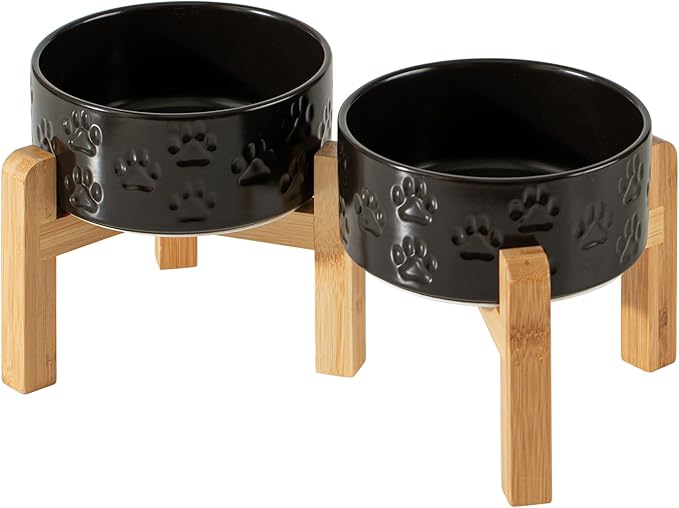 Elevated Ceramic Dog Bowl Set, 6" Dog Bowls with Dual Fixed Heights Stand, 3.5 Cup Food and Water Bowls for Small Breed Dogs, Microwave Safe (Double Bowls + Stand - Black, 6 inch)