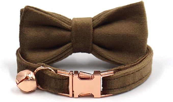 Personalized Cat Collar with Bells,Velvet Customized Small Cat Collar with Name Tag,Pet Collar with Name Phone Number Engraved ID Tags for Boy and Girl Kitten Cats (Brown)