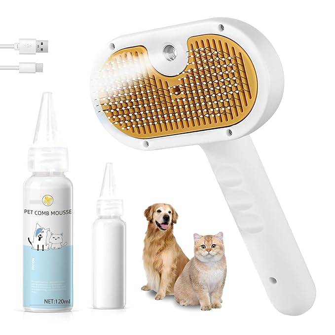 Pet Steam Brush for Dog & Cat – 3-in-1 Spray Hair Removal Comb – Steam for Shedding & Grooming – Water Brush for Long & Short Haired Pets – Spritz Defur Comb – Includes Waterless Shampoo
