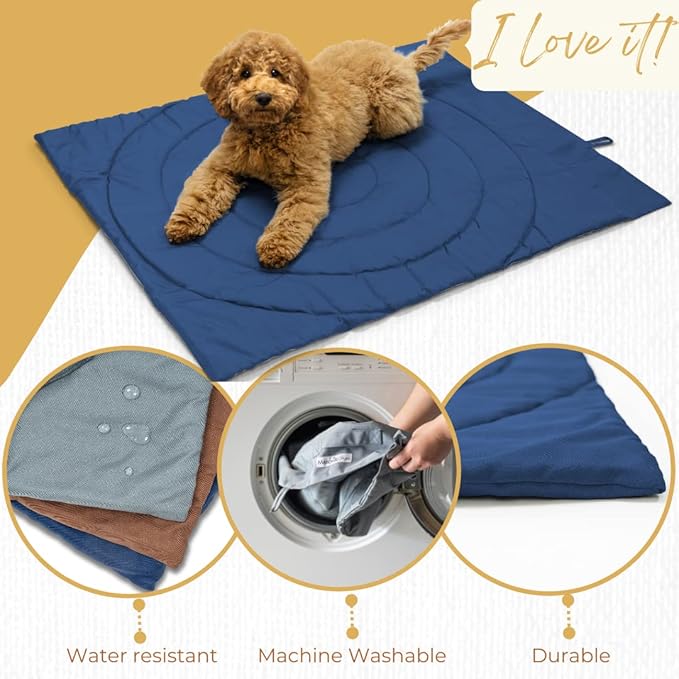 Portable Dog Mat - Waterproof & Foldable Pet Bed - Ideal for Indoor, Outdoor, Cafes, Travel, Camping, Grooming & Training - 39"x30" - Includes Carry Bag - Durable, Washable & Lightweight - Blue