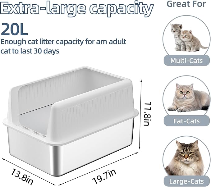 Stainless Steel Cat Litter Box with Lid,XL,19.7”L x 13.8”W x 11.8”H Deep,Metal Litter Box with High Side,for Small and Large Cats,with a Scoop and Scoop Storage Box Litter Mat Double,Easy Cleaning
