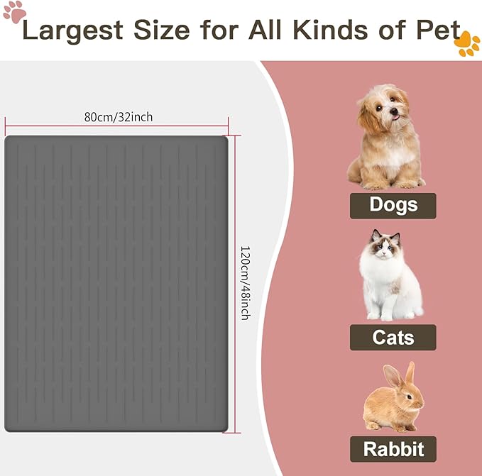 Largest Dog Food Mat, 48"x32" Silicone Dog and Cat Mat for Food and Water Bowls, Thinken Waterproof Non-Slip XXXL Pet Feeding Mat for Floors (Light Gray)