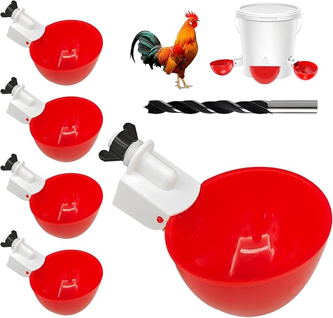 5PCS Chicken Waterer Cups, Red Automatic Poultry Watering Cups, Tee Fittings Poultry Waterer with Mounting Hole Opener,Ideal for Chicken Coop, Ducks, and Backyard Poultry